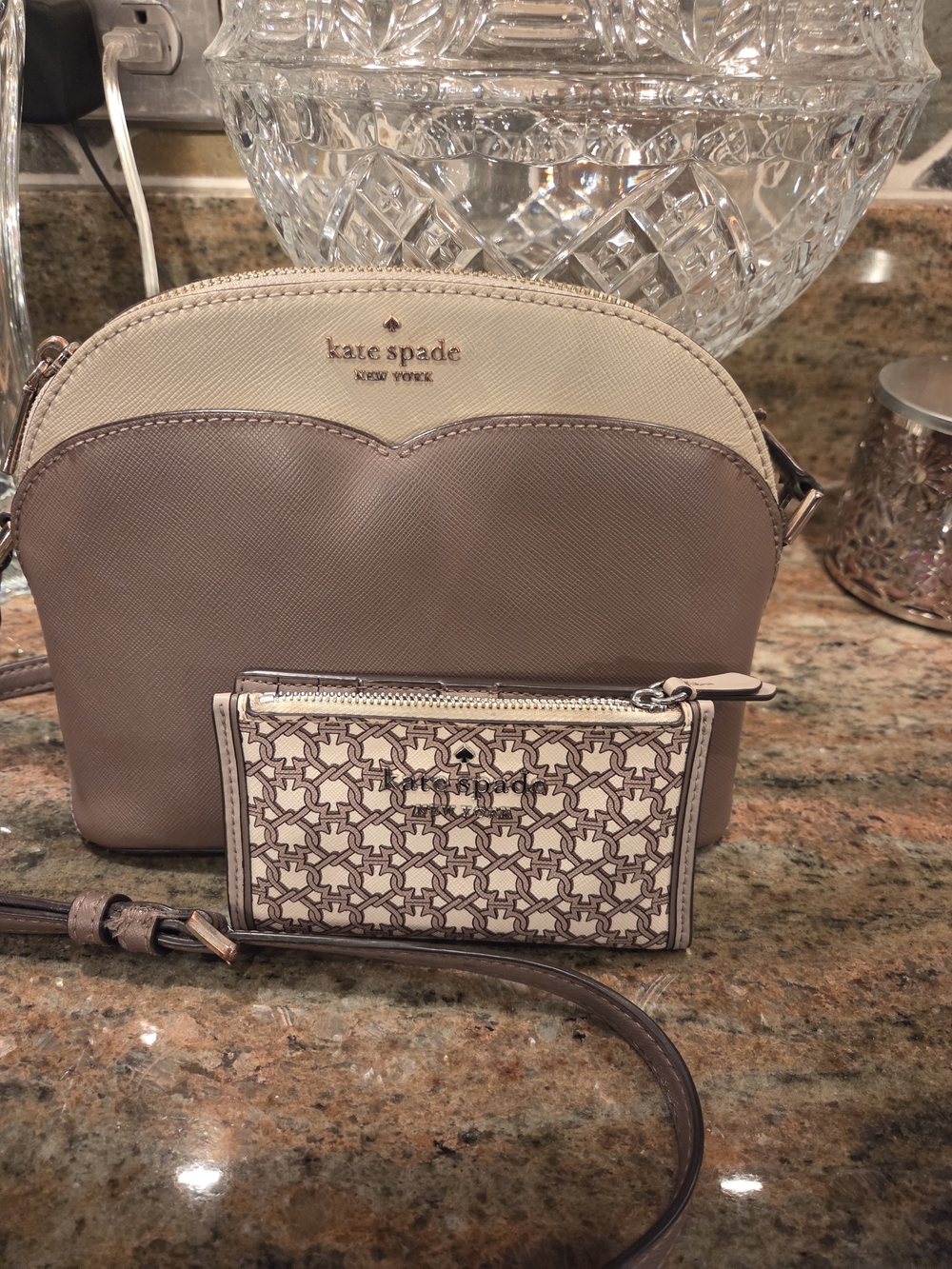 kate spade Taupe & Cream Crossbody Bag with Matching Card Wallet